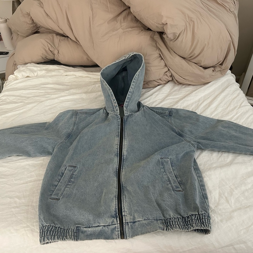 Edikted Hooded Vintage Washed Denim Bomber Jacket Size M